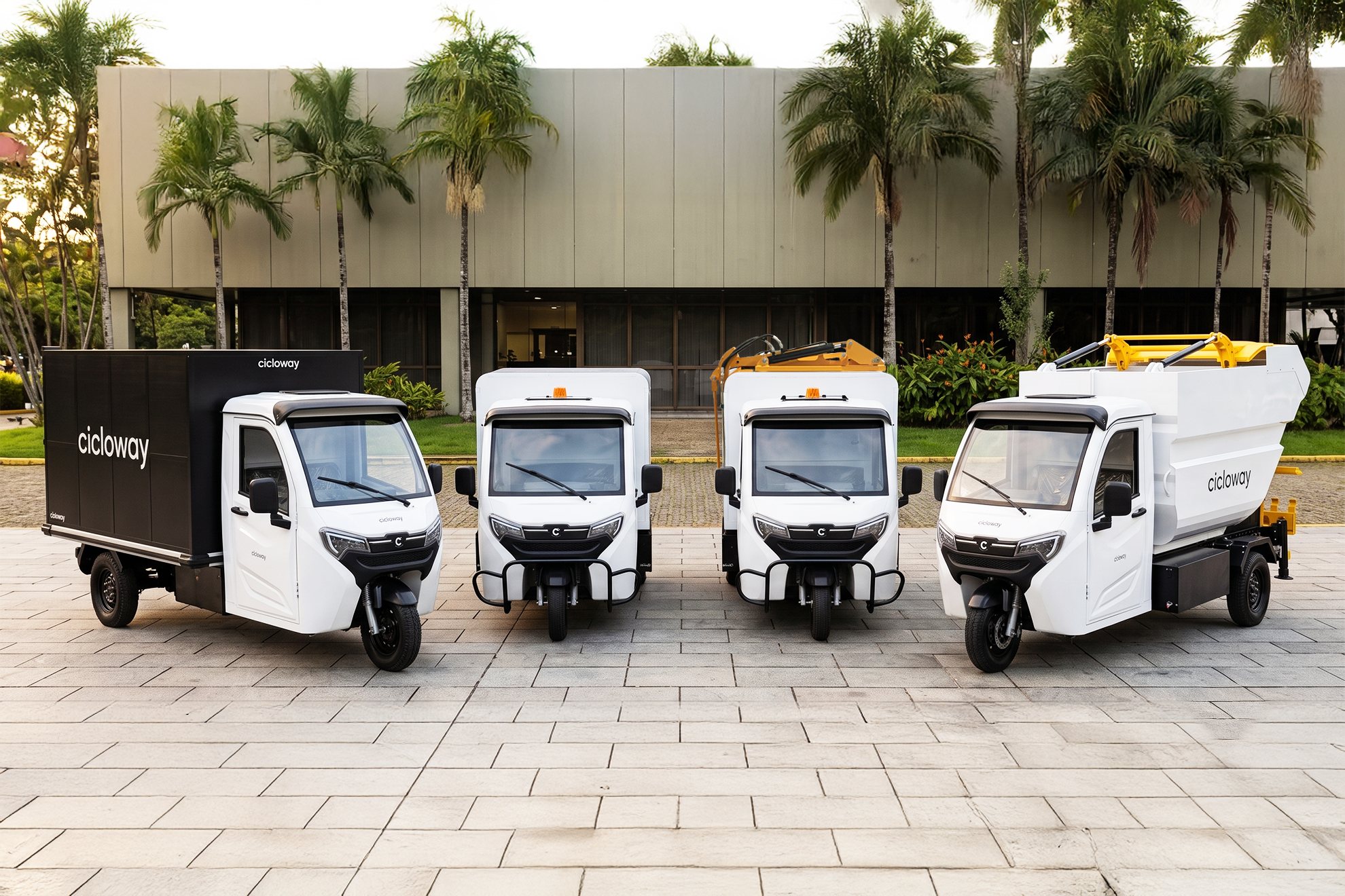 Linha de veículos elétricos Cicloway: baú, carroceria, coletor e basculante